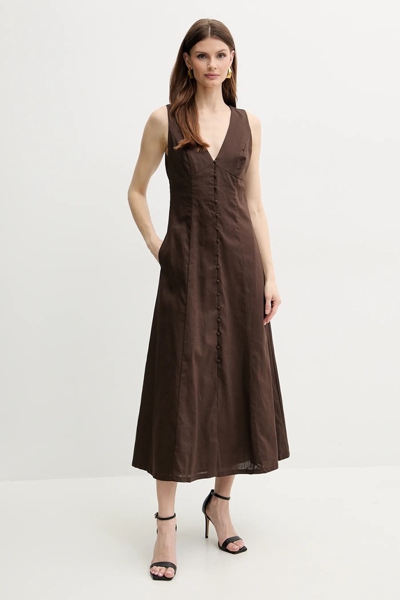 Bardot rochie din in CORDELIA midi maro 59808DB