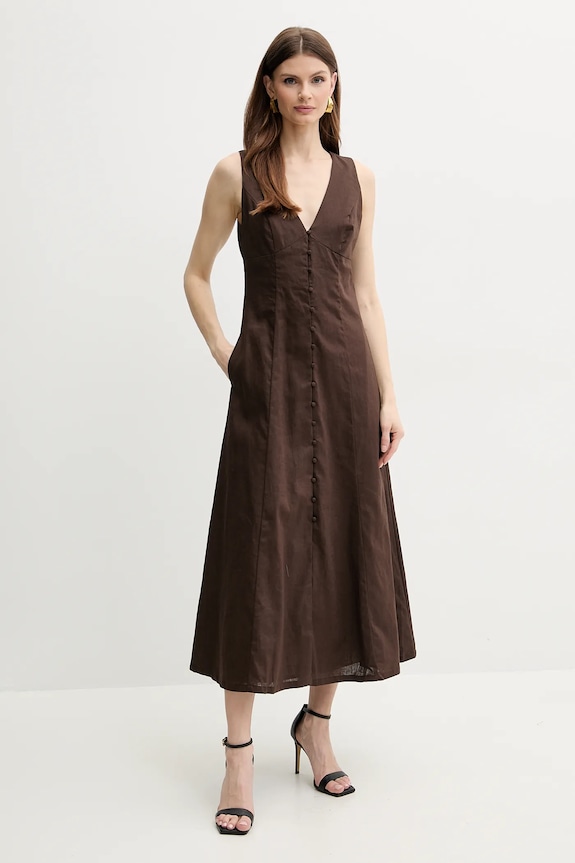Bardot rochie din in CORDELIA midi maro 59808DB