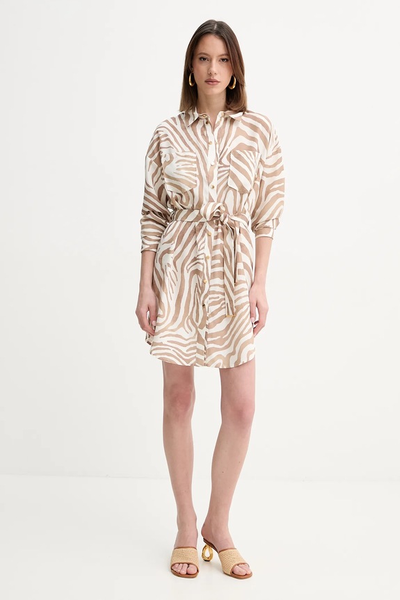 Šaty s příměsí lnu Marciano by Guess ROSIE 5GGK41.7314A béžová SS25
