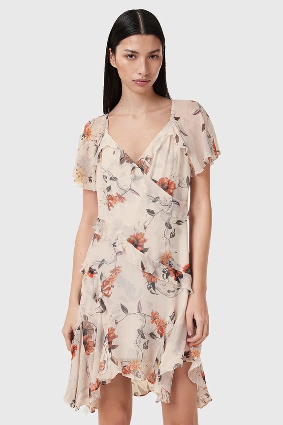 Šaty s prímesou hodvábu AllSaints DARMA W018DC béžová SS25