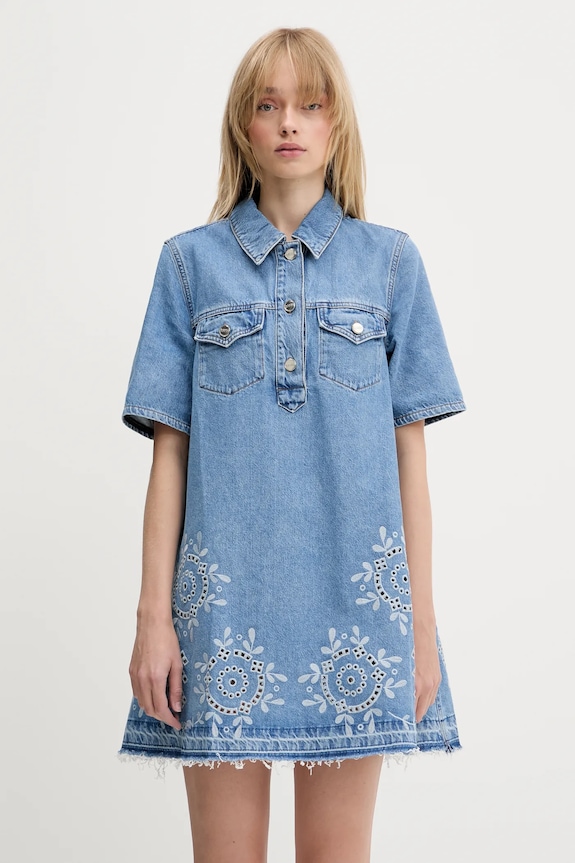 GANNI sukienka jeansowa Broderie Anglaise Denim Mini bawełna niebieski J1694