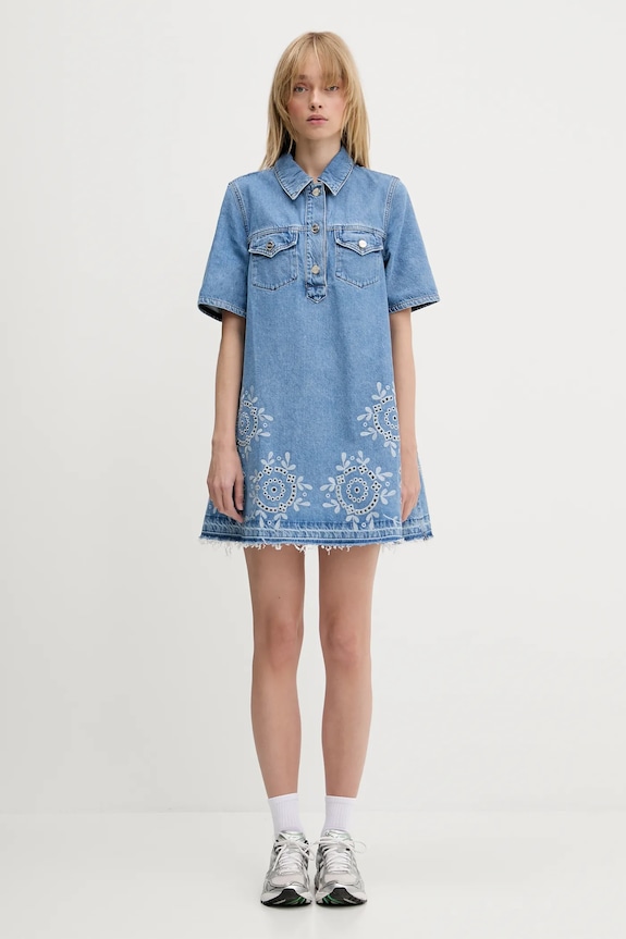 GANNI sukienka jeansowa Broderie Anglaise Denim Mini J1694 niebieski