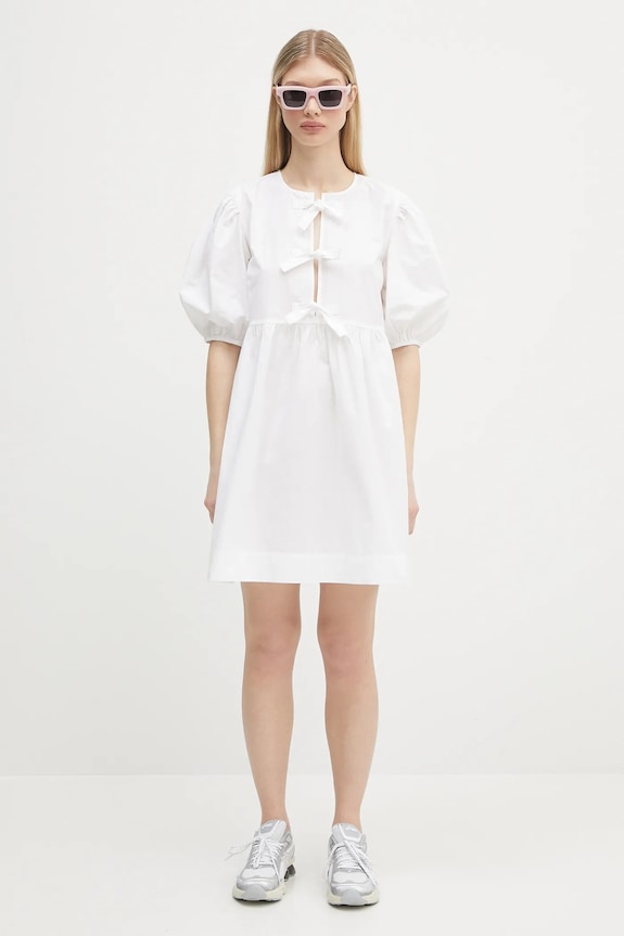 GANNI sukienka bawełniana Cotton Poplin Tie String Mini F9170 biały