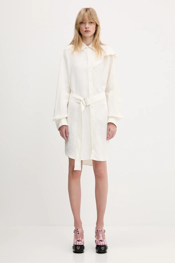 Šaty s příměsí lnu JW Anderson Cape Shoulder Drape s příměsí lnu béžová DR0474.PG1690.002