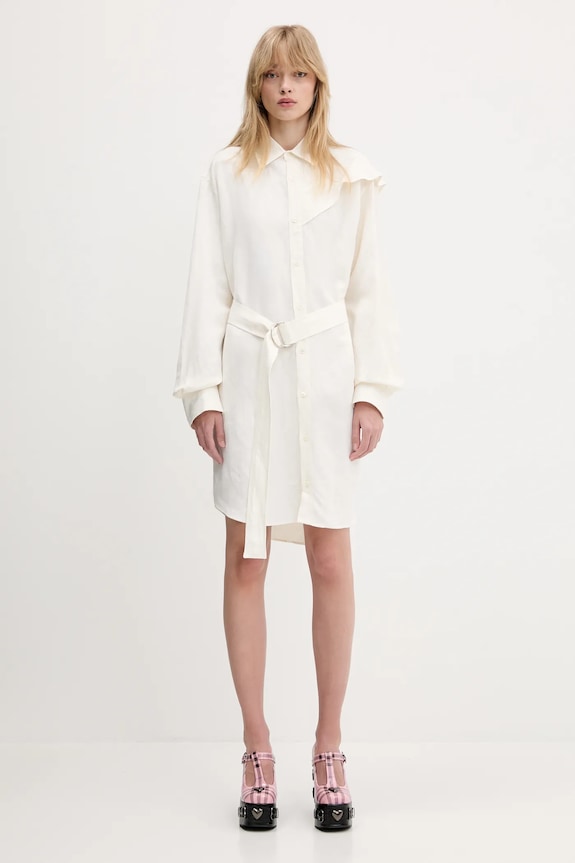 Šaty s příměsí lnu JW Anderson Cape Shoulder Drape s příměsí lnu béžová DR0474.PG1690.002