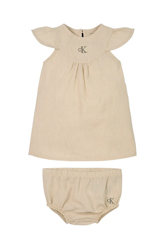 Dětské šaty s příměsí lnu Calvin Klein Jeans mini béžová IN0IN00299.PPYA