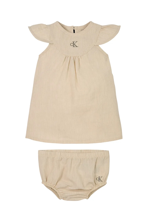 Dětské šaty s příměsí lnu Calvin Klein Jeans mini béžová IN0IN00299.PPYA