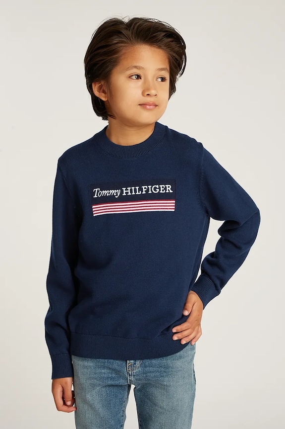 Dětský bavlněný svetr Tommy Hilfiger středně silná námořnická modř KB0KB09344.128.176.PPYA