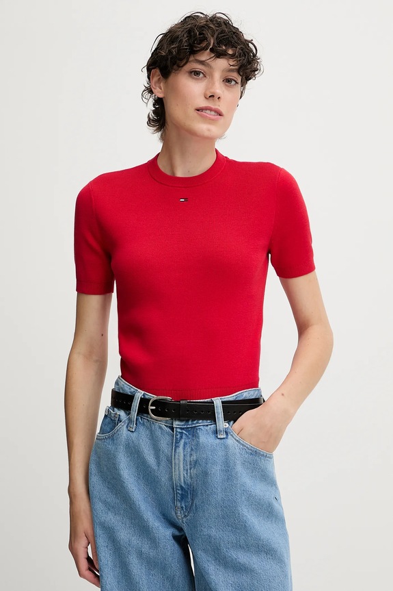 Bombažen pulover Tommy Jeans rdeča DW0DW19336