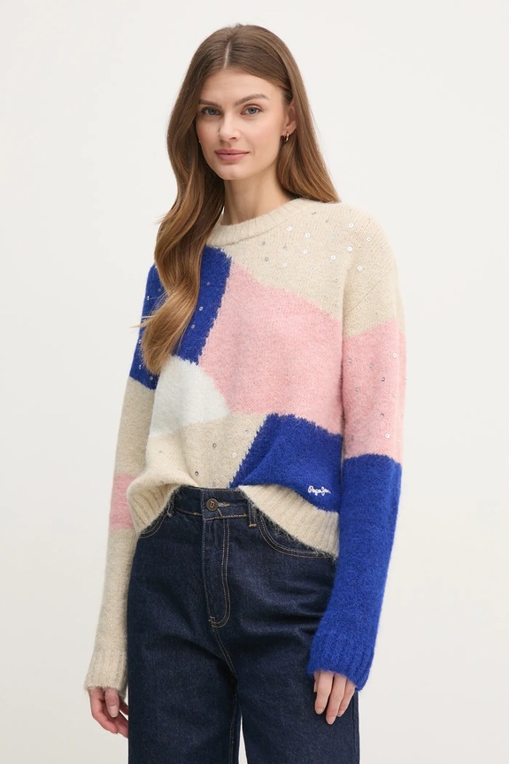 Pepe Jeans sweter z domieszką wełny NORA aplikacja beżowy PL702238