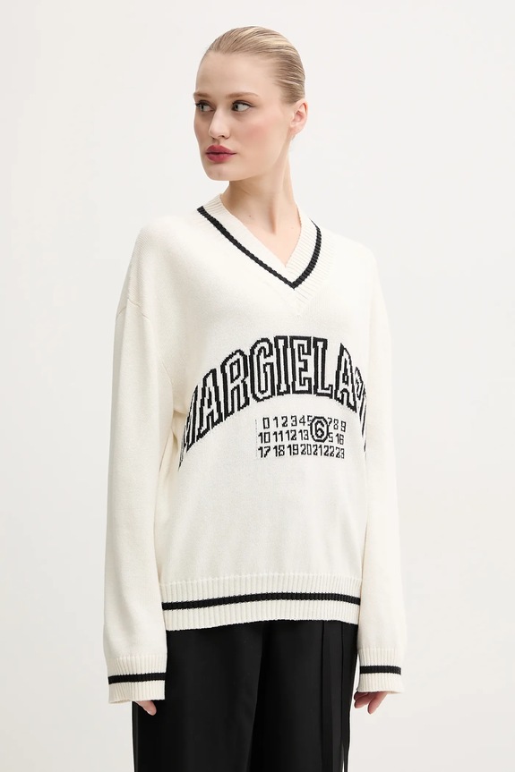 Svetr z vlněné směsi MM6 Maison Margiela vzorovaný béžová S52HN0009.M13085