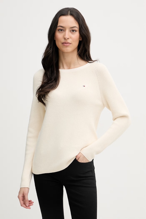 Tommy Hilfiger női pamut pulóver bézs WW0WW44975