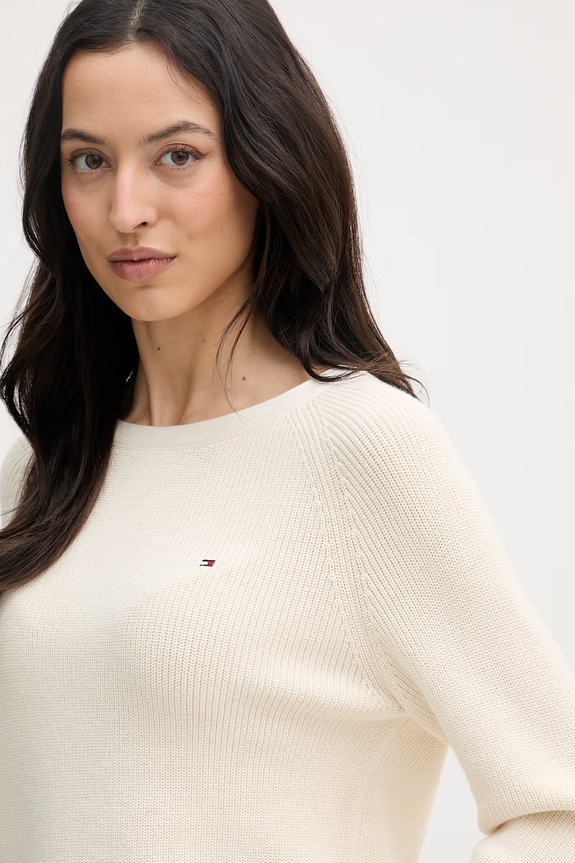 Tommy Hilfiger női pamut pulóver bézs WW0WW44975
