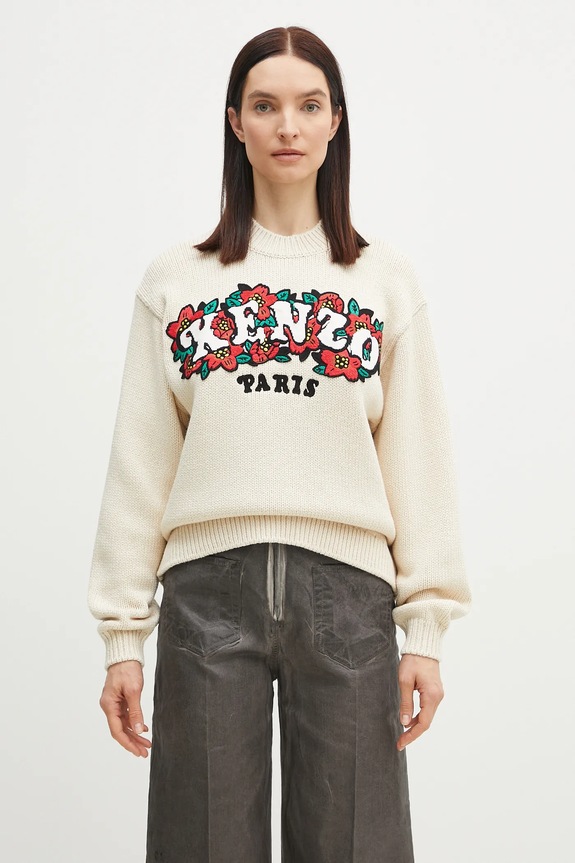 Vuneni pulover Kenzo x Verdy natpis bež FF52PU4913CX.02