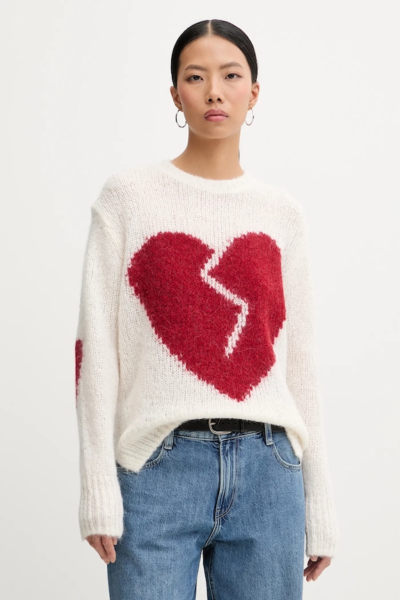 AllSaints sweter z dodatkiem wełny LUVHEART okrągły beżowy W078KC