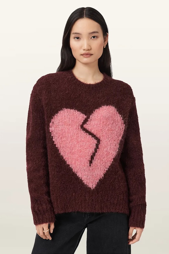AllSaints sweter z dodatkiem wełny LUVHEART okrągły czerwony W078KC