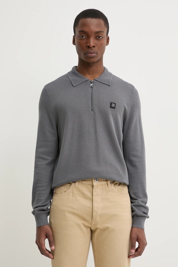 HUGO sweter z domieszką wełny zapinany szary 50533346