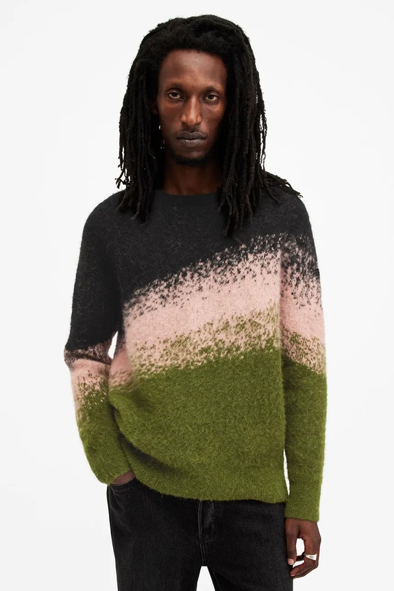 AllSaints sweter wełniany SIRUS okrągły zielony M052KB
