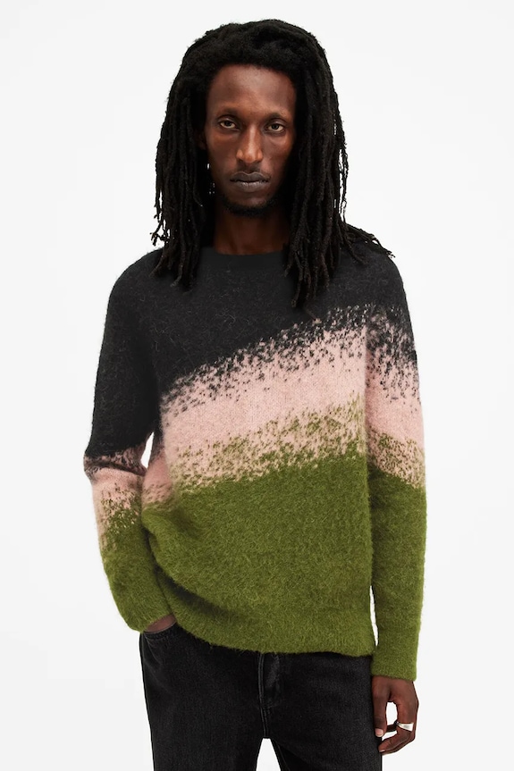AllSaints sweter wełniany SIRUS okrągły zielony M052KB
