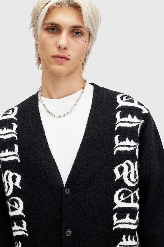 AllSaints kardigan z domieszką wełny SCRIPTURE M065KB czarny SS25