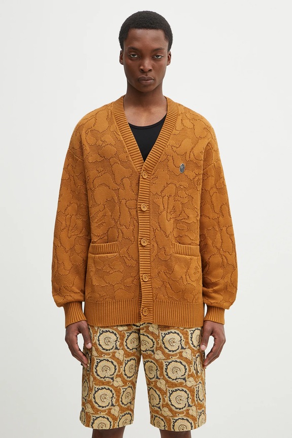 Bavlněný kardigan A Bathing Ape Solid Camo Jacquard One Point hladký hnědá 1L30120301