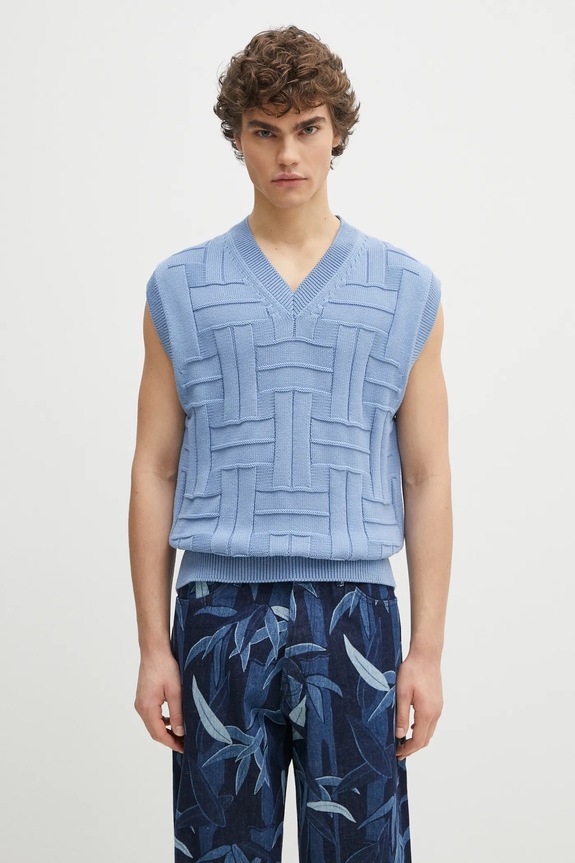 Bavlnená vesta Kenzo Weave jednofarebný modrá FF55PU7073CB.64