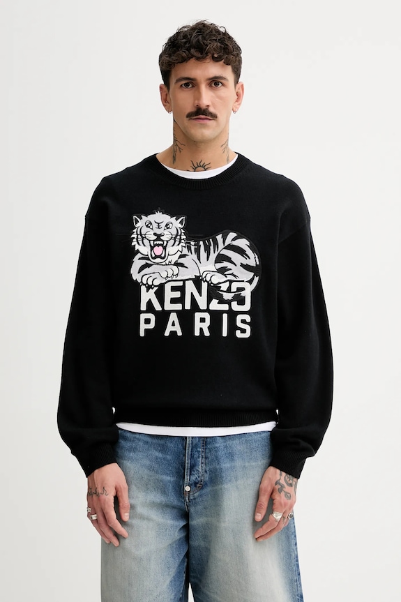 Kenzo sweter wełniany Happy Tiger okrągły czarny FF55PU7273LD.99J