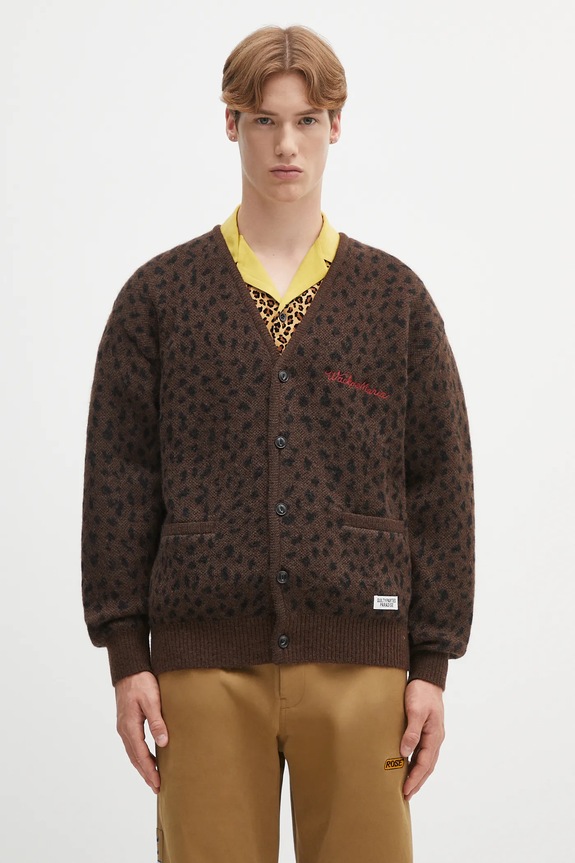 Vlněný kardigan Wacko Maria leopard mohair vzorovaný hnědá 25SS.WMK.KN10