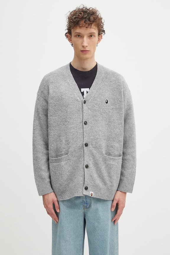 A Bathing Ape kardigan z domieszką lnu dziecięcy One point gruba szary 1K80120004