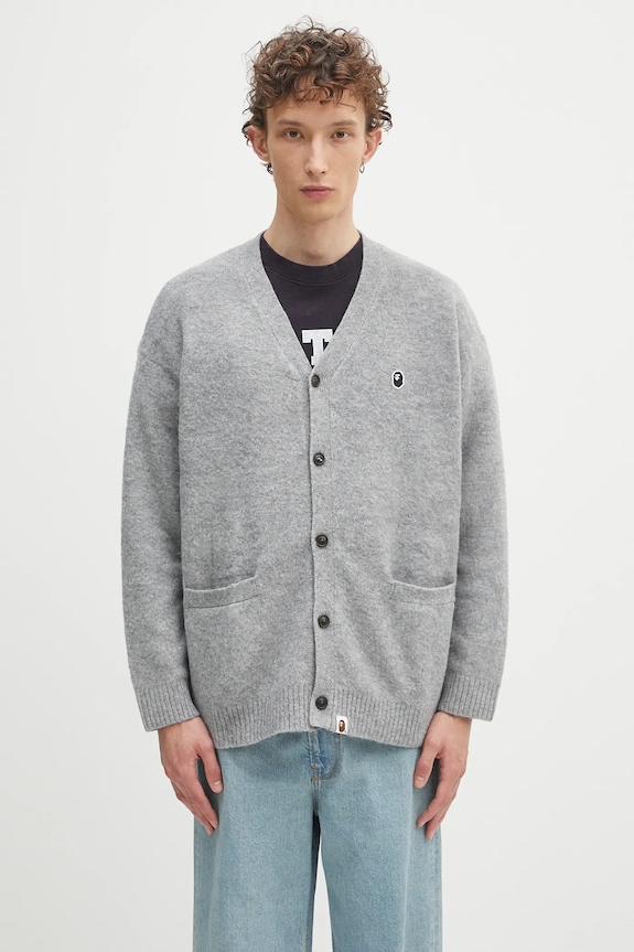 A Bathing Ape kardigan z domieszką lnu dziecięcy One point gruba szary 1K80120004