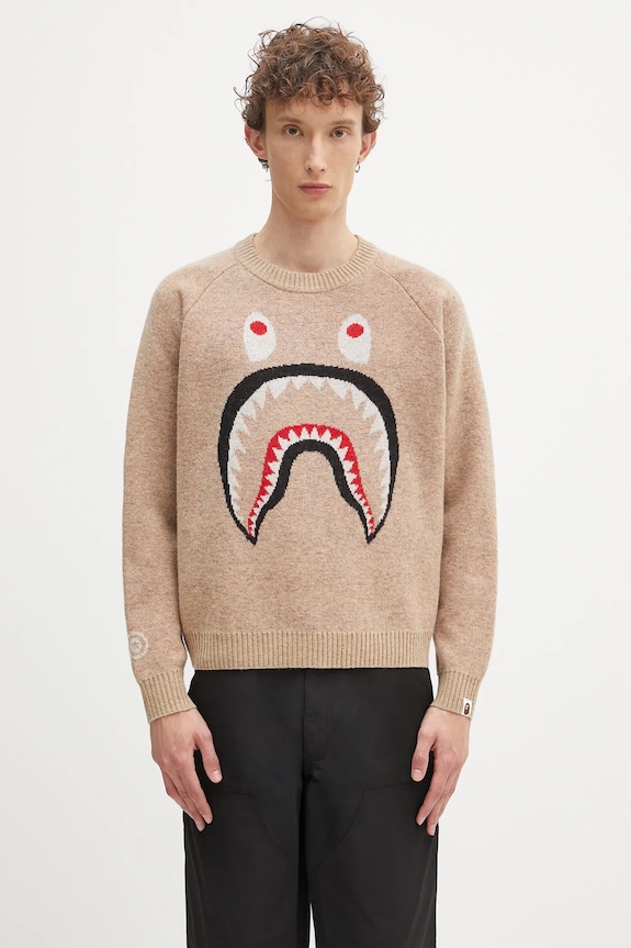 A Bathing Ape sweter wełniany Shark okrągły beżowy 1K80220004