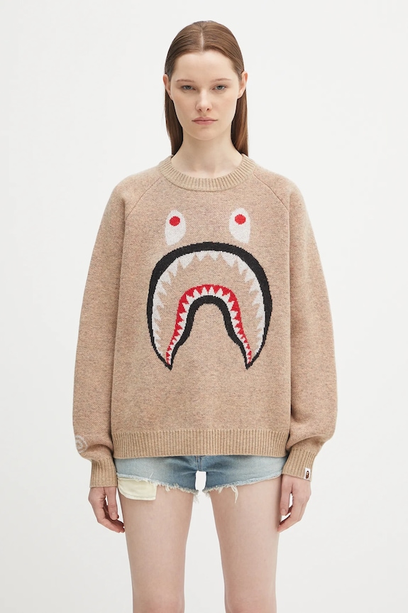 A Bathing Ape sweter wełniany Shark 1K80220004 beżowy SS25