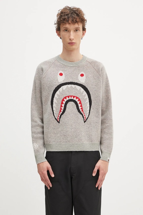 A Bathing Ape sweter wełniany Shark okrągły szary 1K80220004