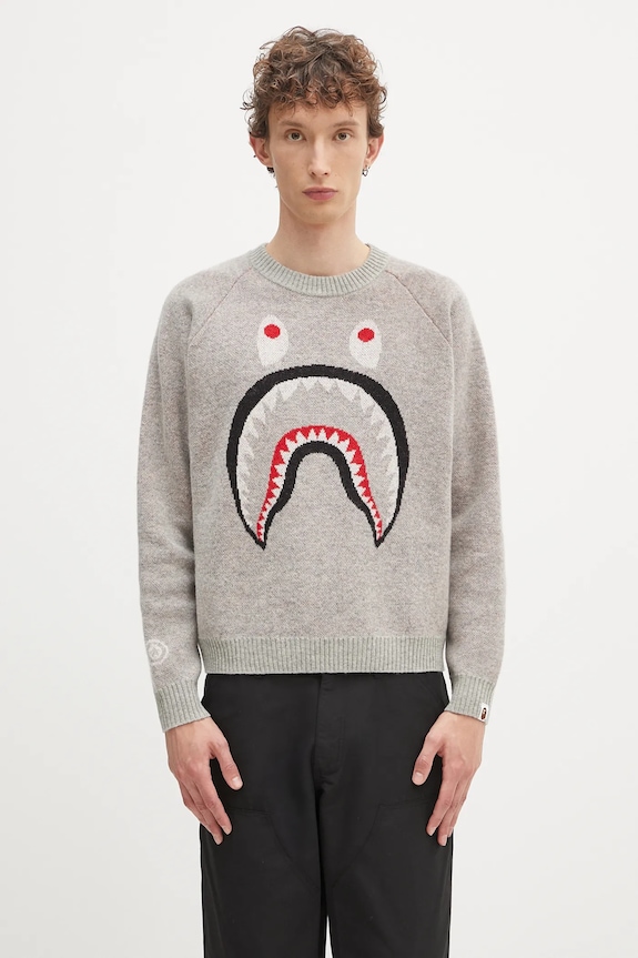 A Bathing Ape sweter wełniany Shark okrągły szary 1K80220004