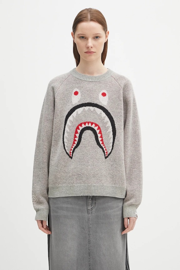 A Bathing Ape sweter wełniany Shark 1K80220004 szary SS25
