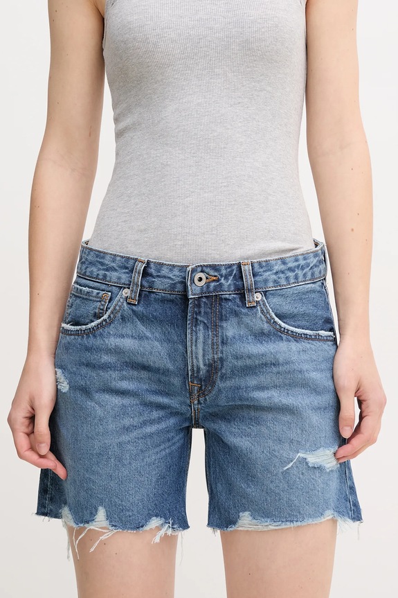Pepe Jeans pamut farmer rövidnadrág REGULAR SHORT MW DISTRESSED szövet kék PL801186EE6
