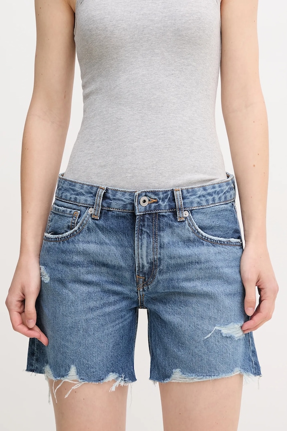 Pepe Jeans pamut farmer rövidnadrág REGULAR SHORT MW DISTRESSED szövet kék PL801186EE6