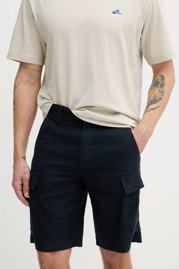 BOSS Orange pantaloncini in lino tessuto blu navy 50536888