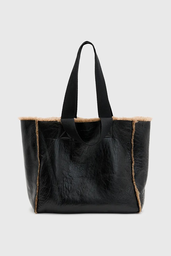AllSaints geantă din piele cu două fețe IZZY SHEARLING W056XB maro SS25