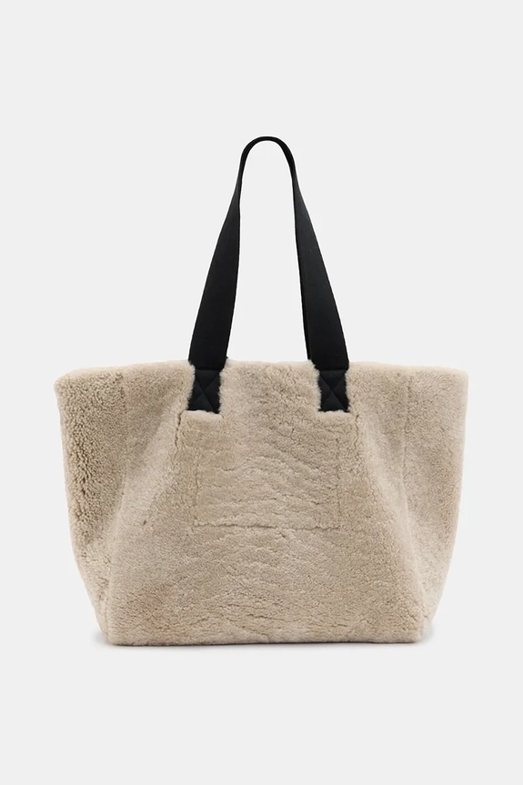 AllSaints geantă din piele cu două fețe IZZY SHEARLING W056XB maro SS25