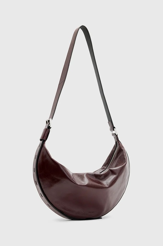 AllSaints torebka skórzana HALF MOON W394XB bordowy SS25