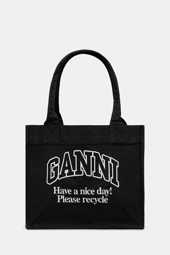 GANNI torebka bawełniana Large Easy Shopper Contrasted Logo tekstylny czarny A6647