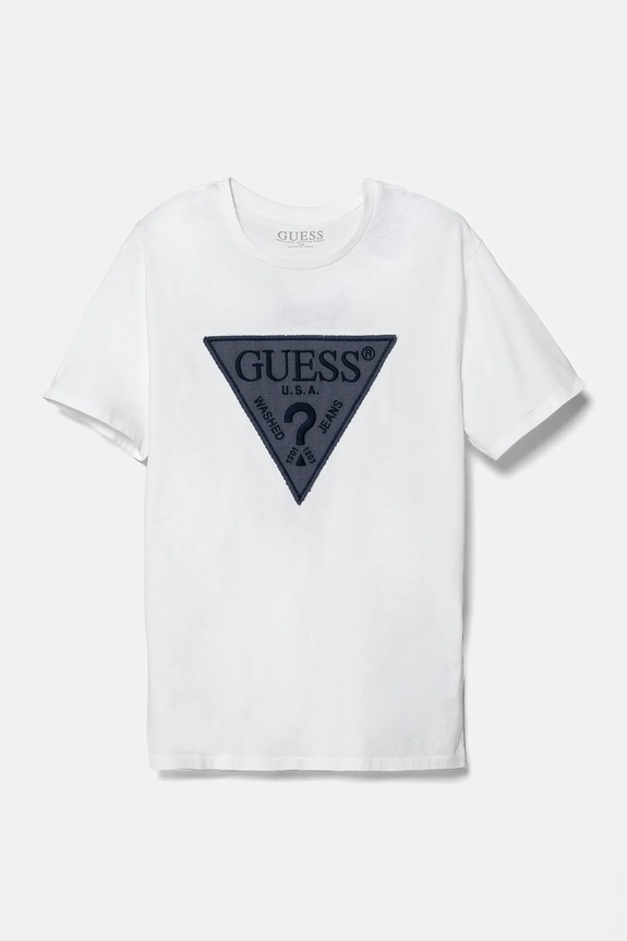 Παιδικό βαμβακερό μπλουζάκι Guess απλικέ λευκό L5RI14.K8HM4.PPYA