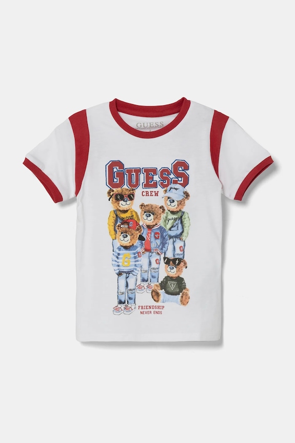 Dječja pamučna majica kratkih rukava Guess Planet friendly bijela N5RI04.K8HM4.PPYA