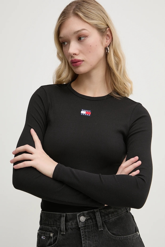 Μακρυμάνικο Tommy Jeans με ελαστάν μαύρο DW0DW20178