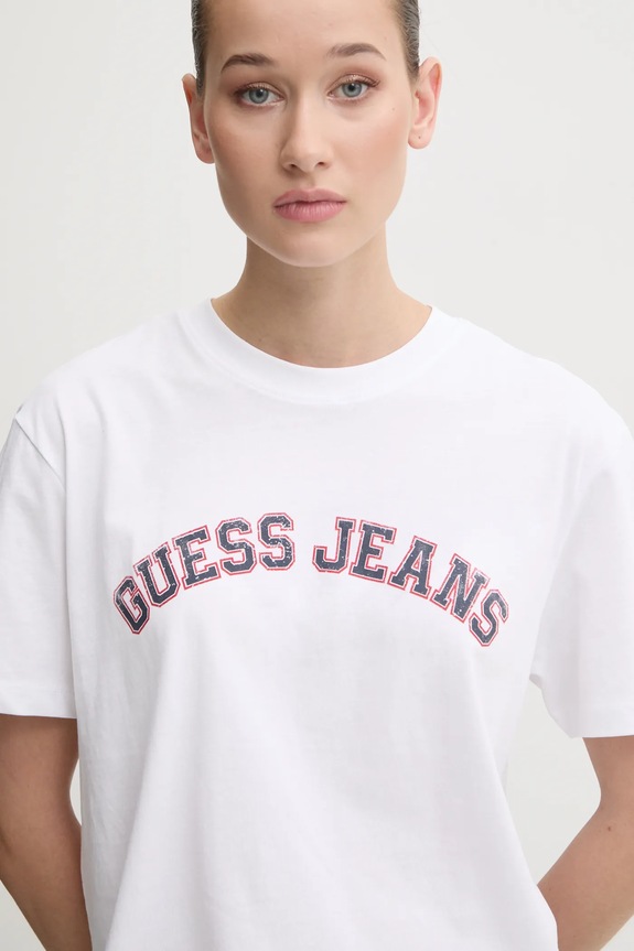 Βαμβακερό μπλουζάκι Guess Jeans στάμπα λευκό W5RI41.K8HM0