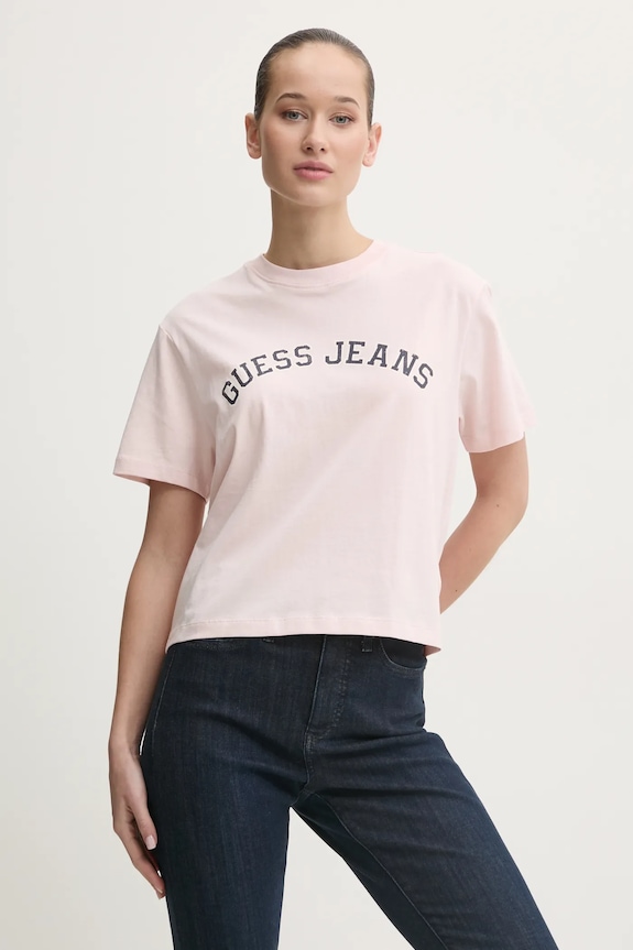 Βαμβακερό μπλουζάκι Guess Jeans στάμπα ροζ W5RI41.K8HM0