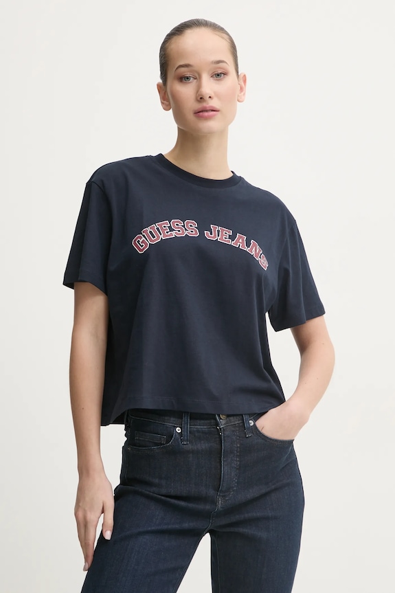 Βαμβακερό μπλουζάκι Guess Jeans στάμπα σκούρο μπλε W5RI41.K8HM0