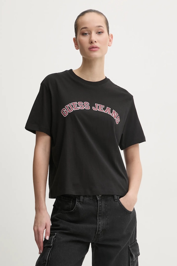 Βαμβακερό μπλουζάκι Guess Jeans στάμπα μαύρο W5RI41.K8HM0