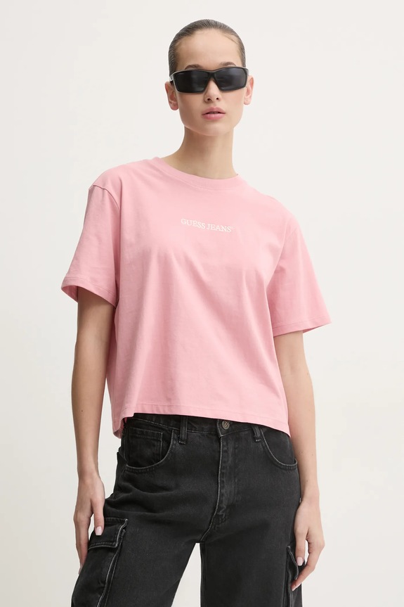 Bavlnené tričko Guess Jeans potlač ružová W5RI42.K8HM0
